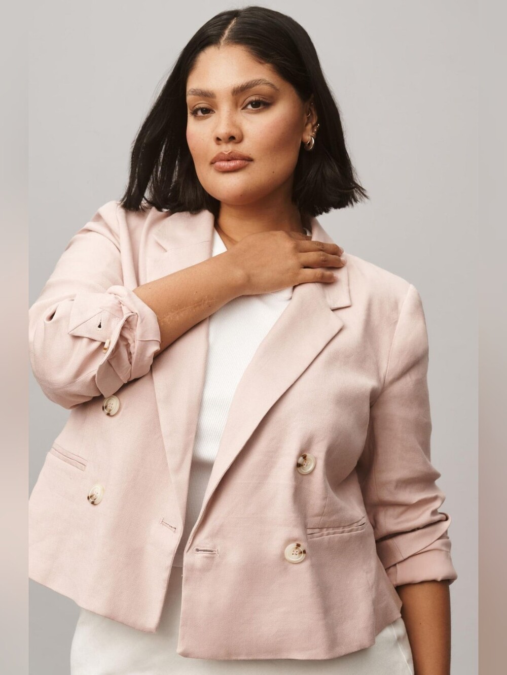 Maeve Anthropologie Linen Slim Blazer Women's XL Light Pink Double Breasted